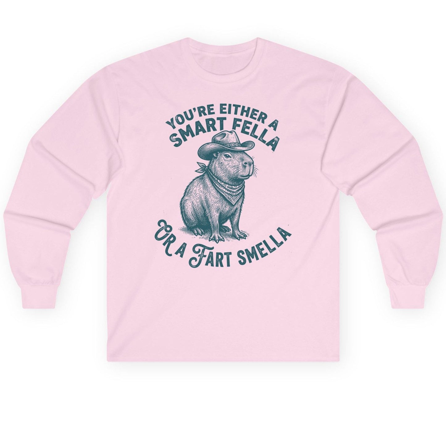 You're Either a Smart Fella or a Fart Smella capybara Long Sleeve Tee Light Pink product mockup