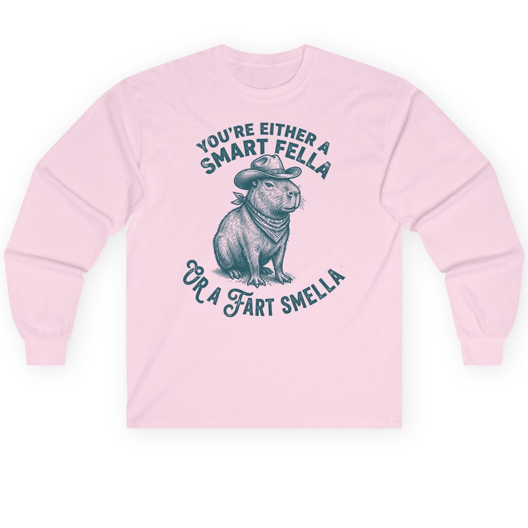 You're Either a Smart Fella or a Fart Smella capybara Long Sleeve Tee Light Pink product mockup