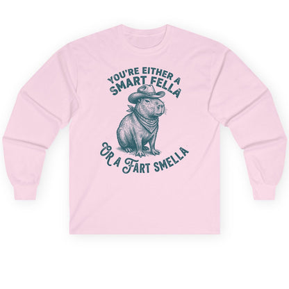 You're Either a Smart Fella or a Fart Smella capybara Long Sleeve Tee Light Pink product mockup
