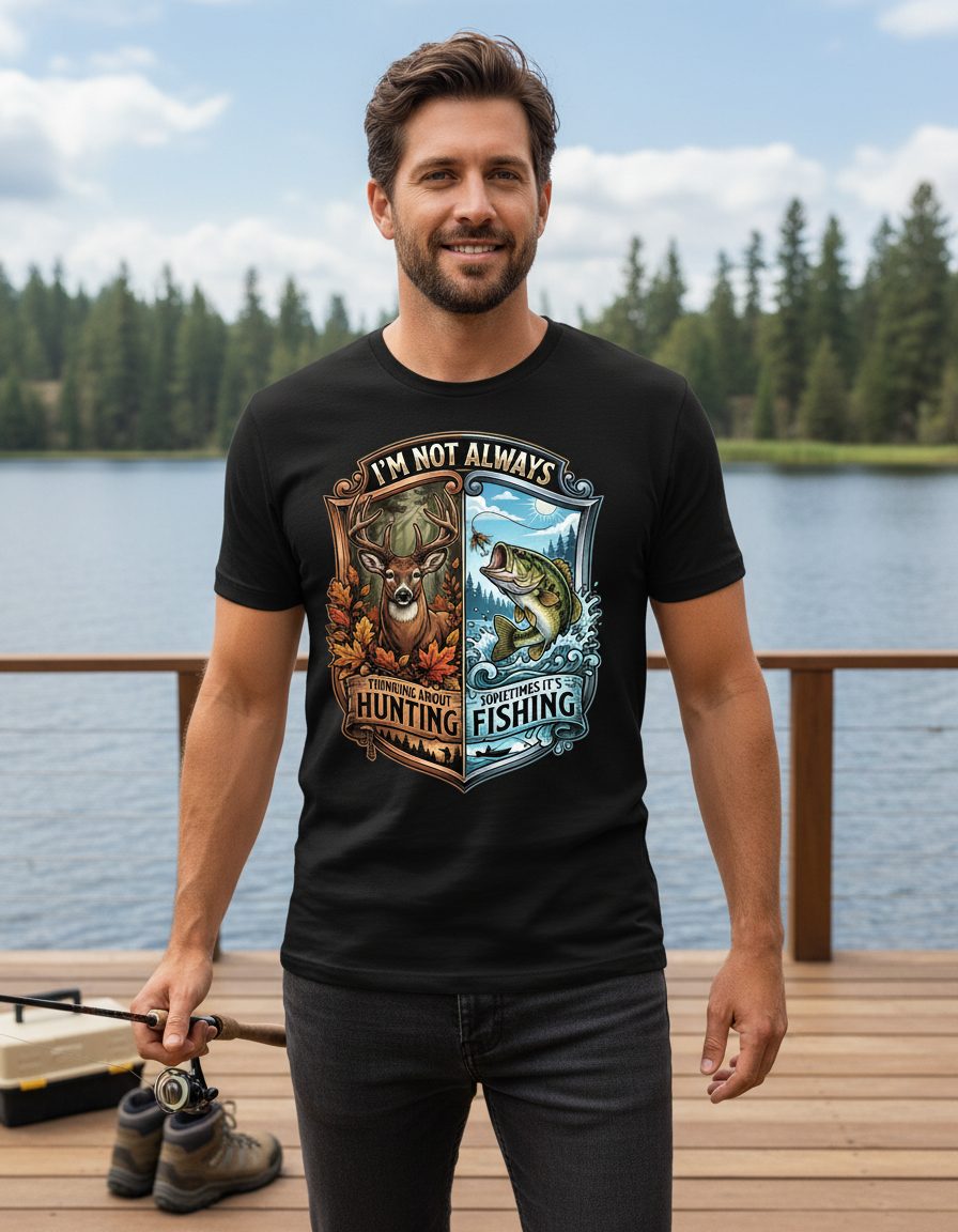 I'm Not Always Thinking About Hunting Sometimes It's Fishing hunting and fishing T-Shirt Black lifestyle mockup