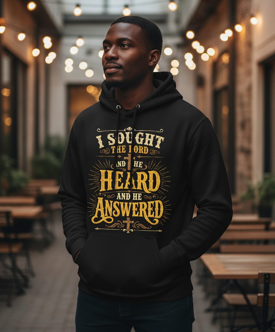 I Sought the Lord and He Heard and He Answered Hoodie - lifestyle model mockup - Black