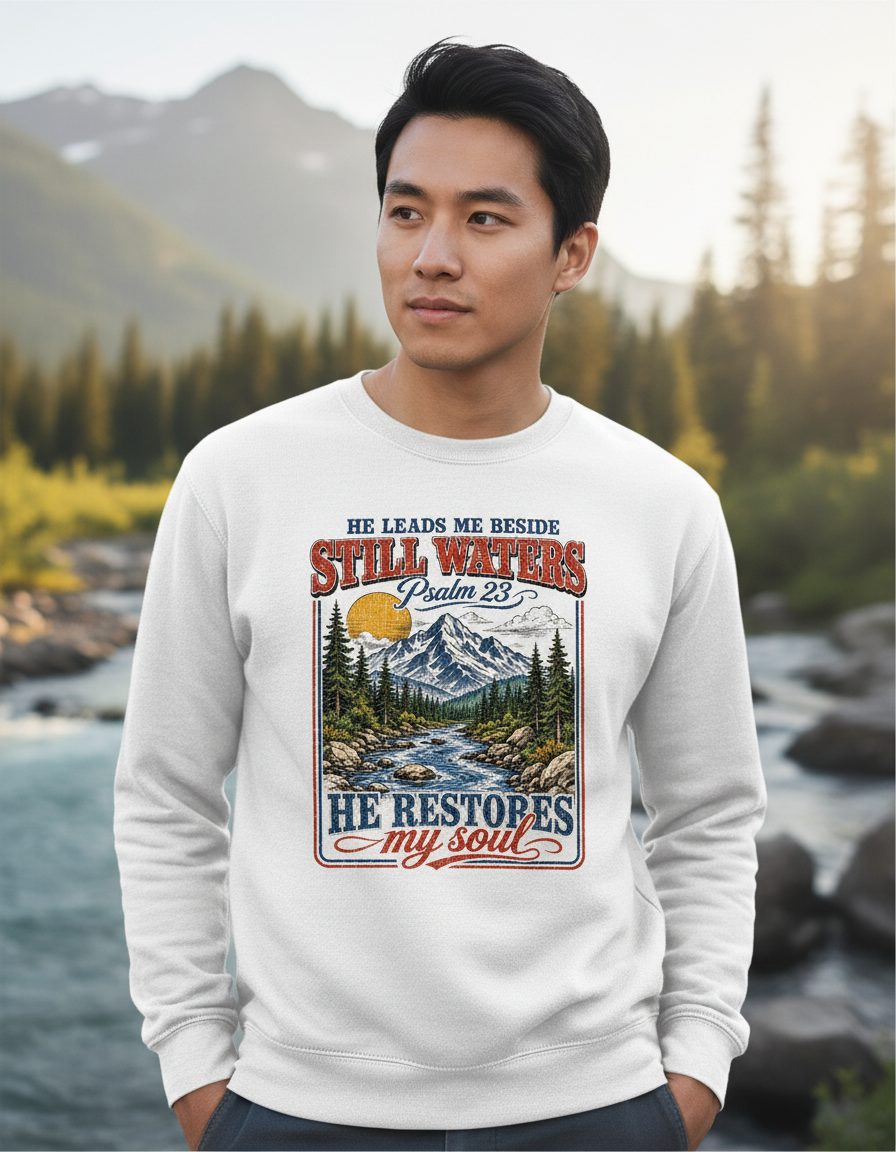 He Leads Me Beside Still Waters Psalm 23 He Restores My Sweatshirt - lifestyle model mockup - White