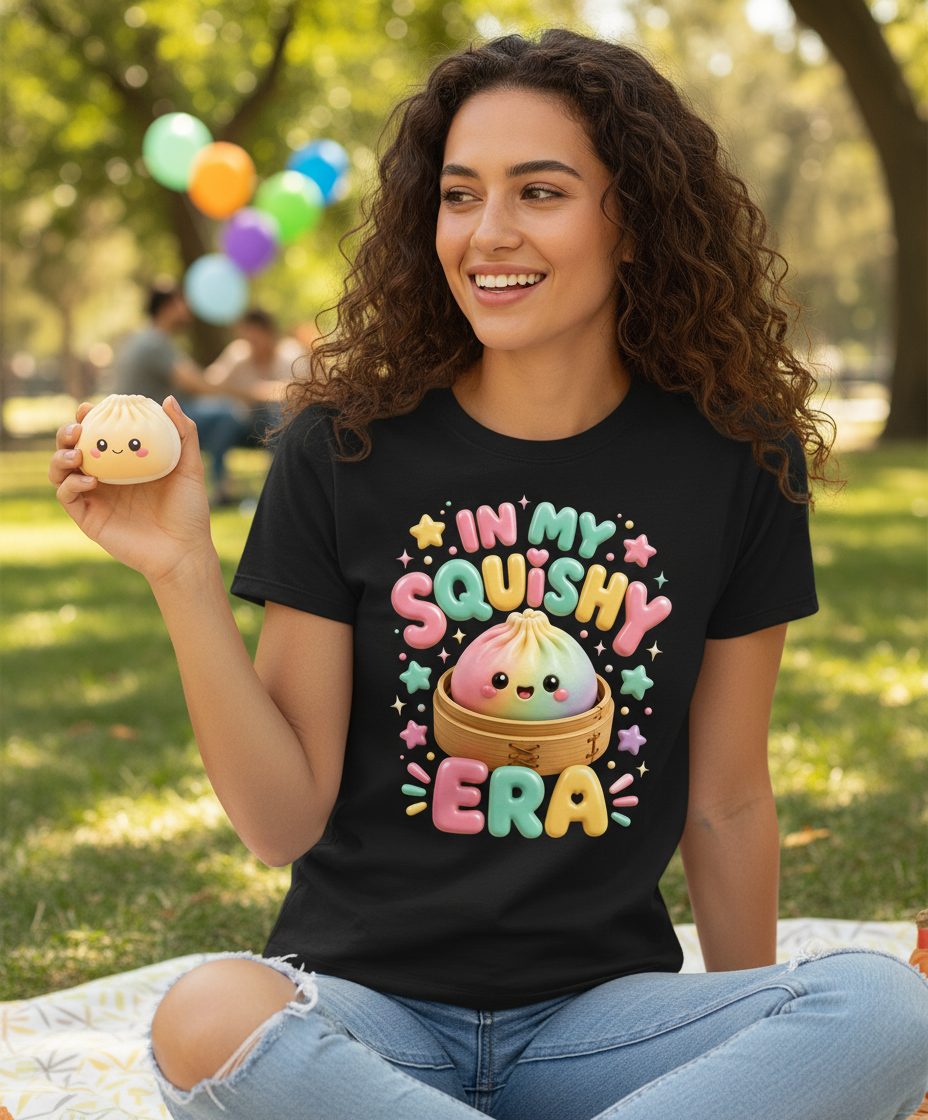 In My Squishy Era Cute Dumpling T-Shirt - lifestyle model mockup - Black