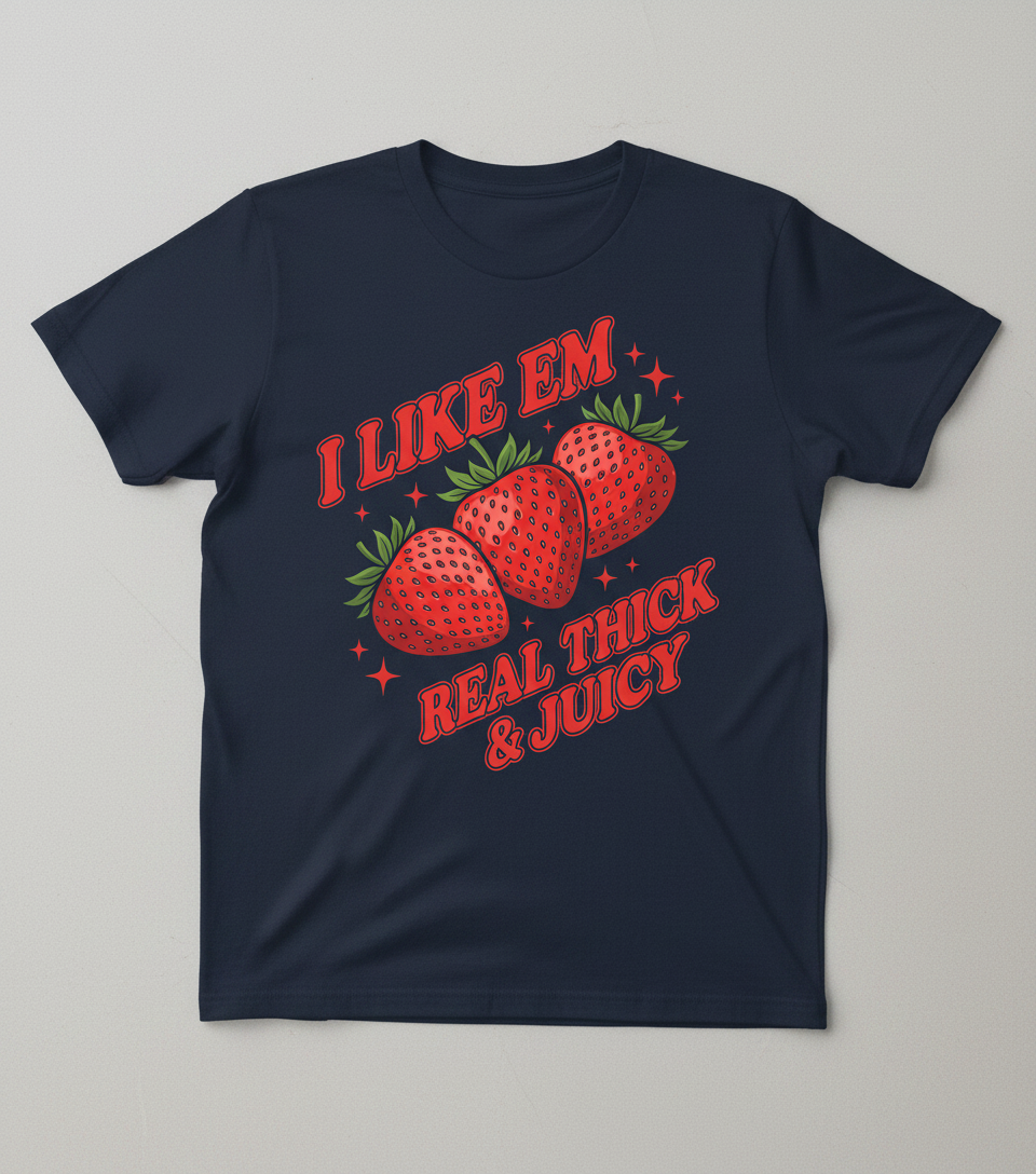 I Like Em Real Thick & Juicy Strawberries Funny Retro Design T-Shirt - Navy
