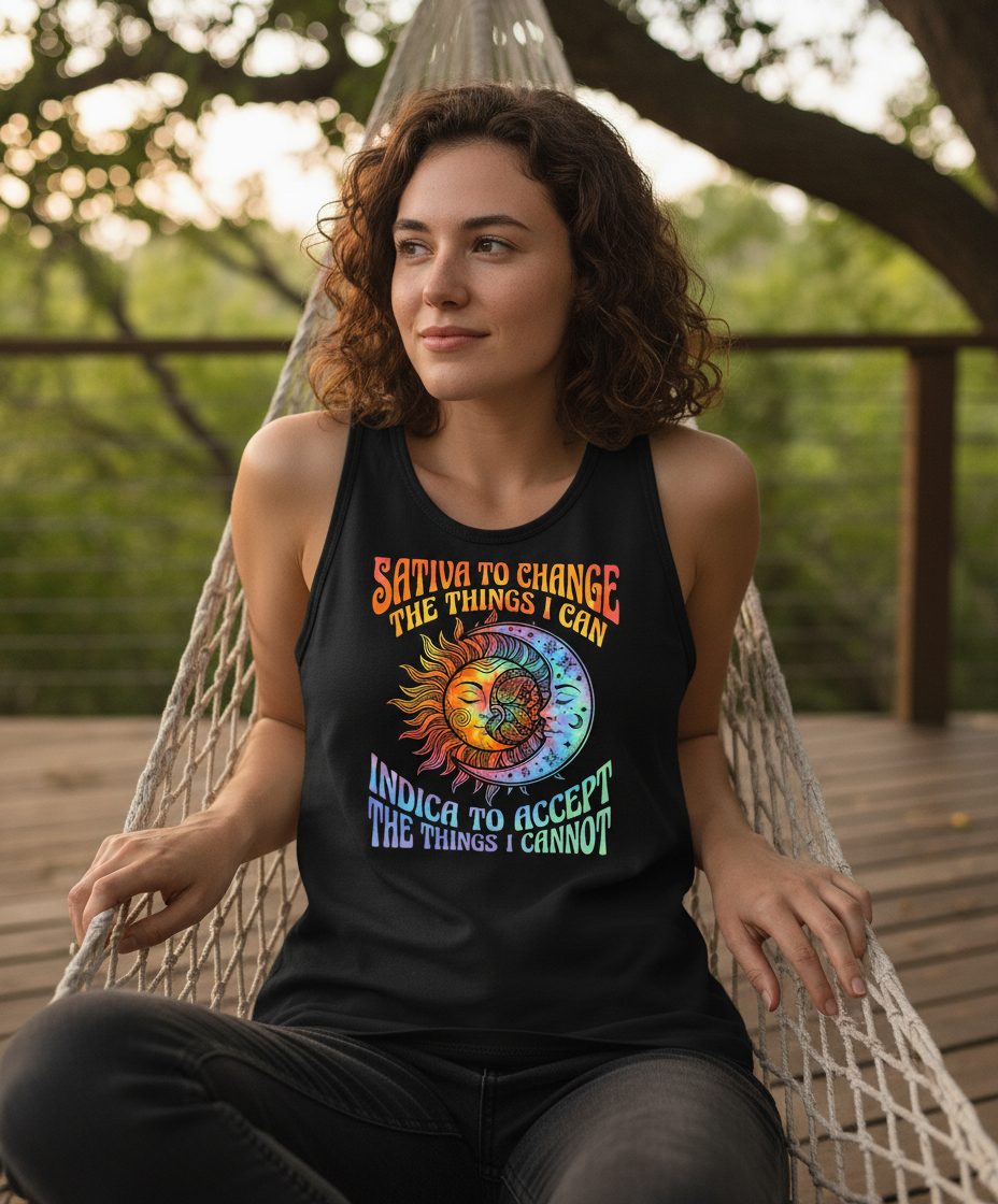 SATIVA TO CHANGE THE THINGS I CAN INDICA TO ACCEPT THE THINGS Tank Top - lifestyle model mockup - Black