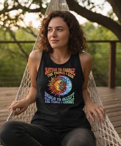 SATIVA TO CHANGE THE THINGS I CAN INDICA TO ACCEPT THE THINGS Tank Top - lifestyle model mockup - Black
