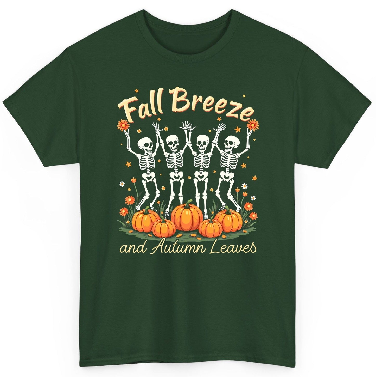 Fall Breeze and Autumn Leaves dancing skeletons T-Shirt Forest Green product mockup