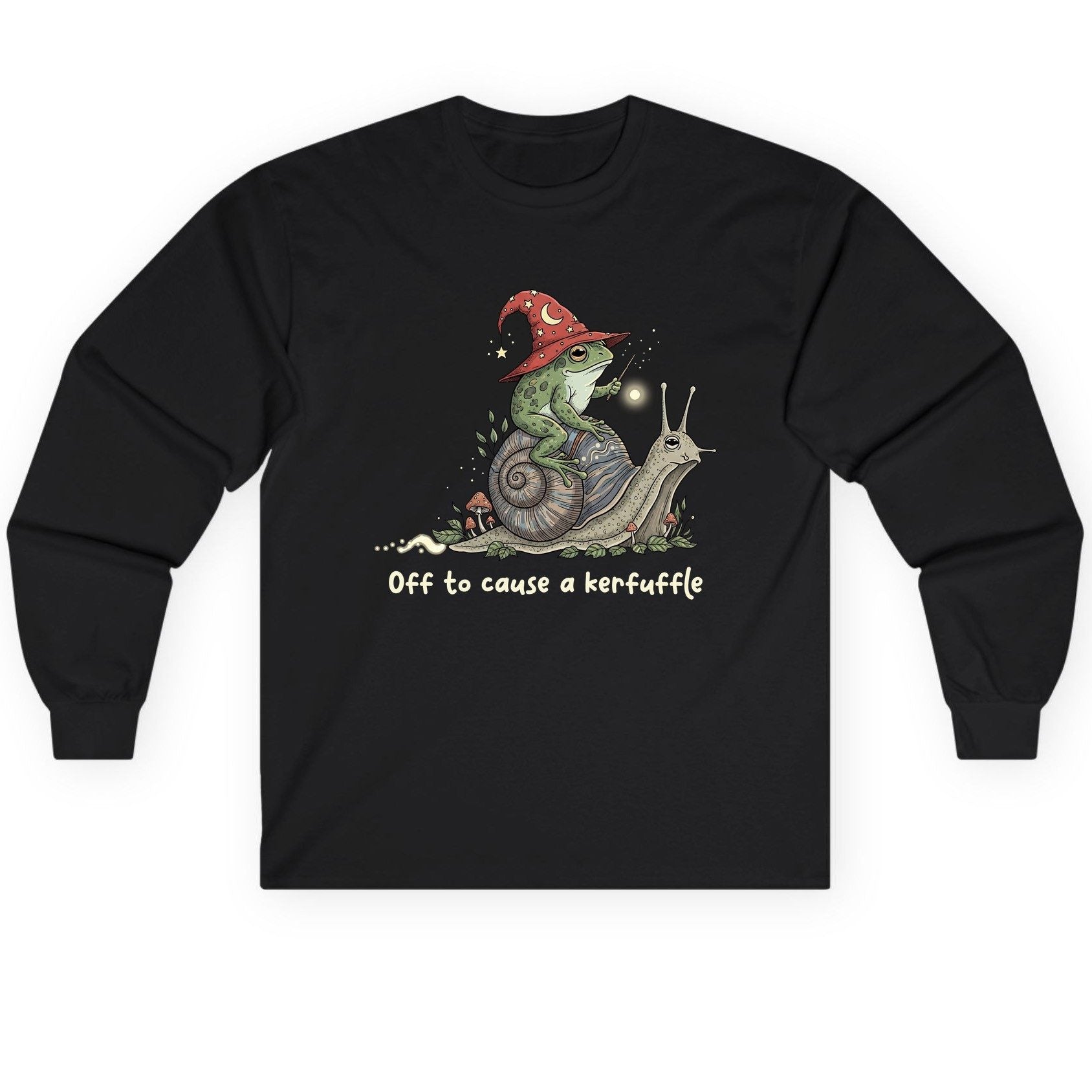 Off to Cause a Kerfuffle wizard frog Long Sleeve Tee Black product mockup