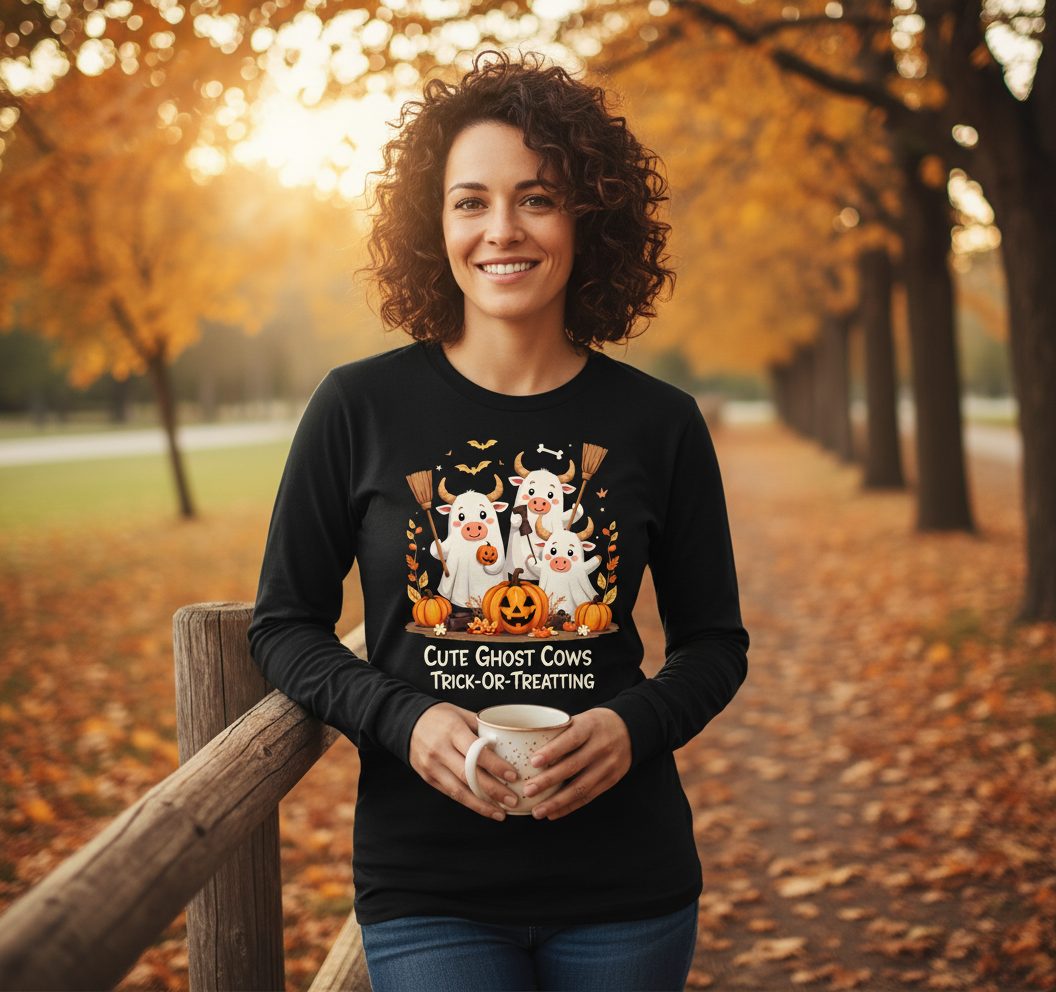 Cute Ghost Cows Halloween cows Long Sleeve Tee Black lifestyle mockup