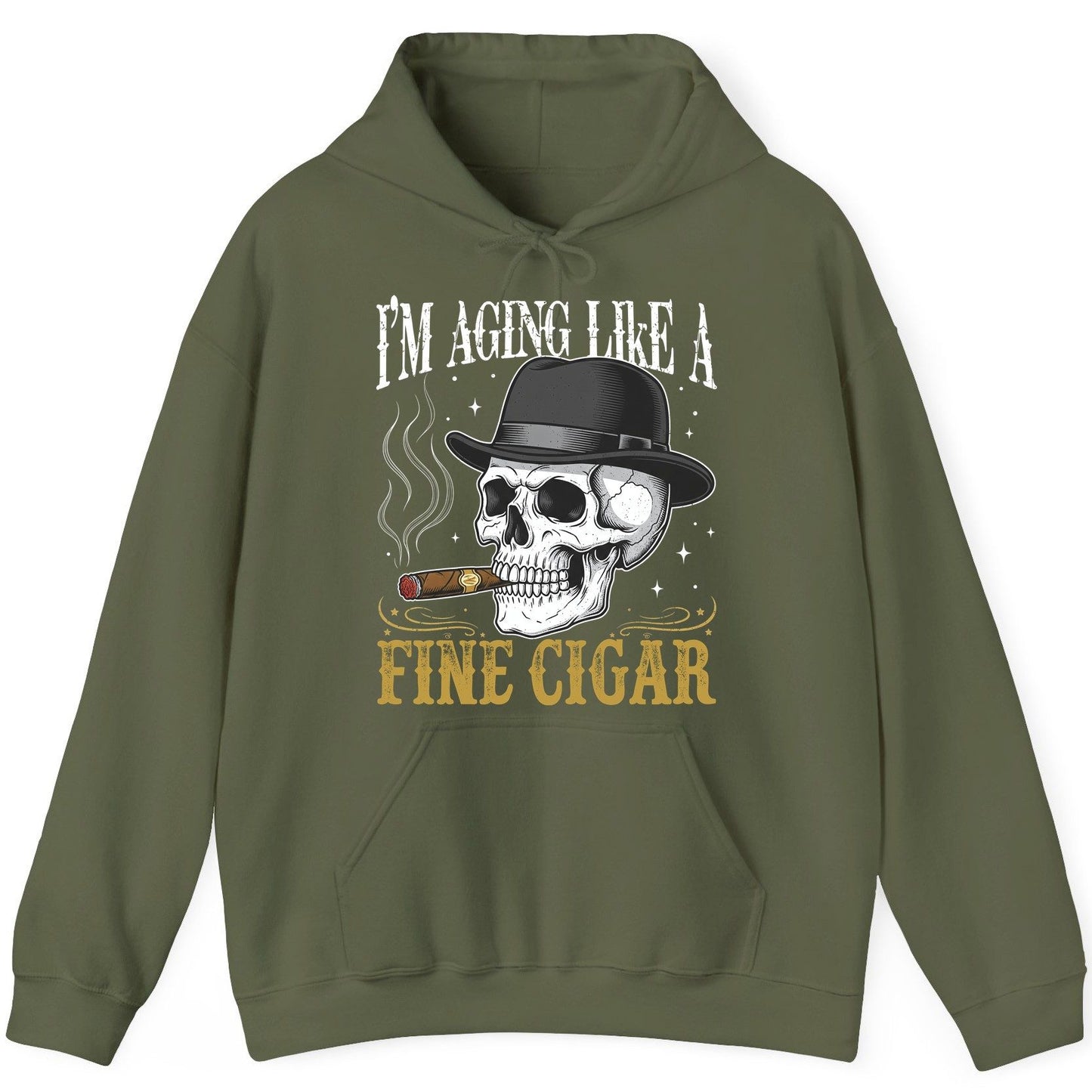 I'm Aging Like a Fine Cigar smoking skull Hoodie Military Green product mockup