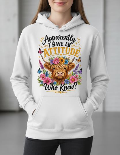 Apparently I Have An Attitude Highland Cow Hoodie - White