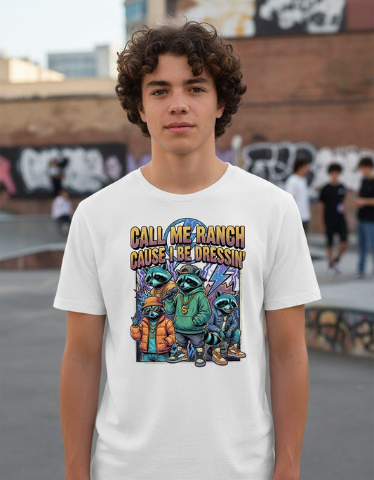 Call Me Ranch Cause I Be Dressin' raccoons Youth T-Shirt White lifestyle mockup