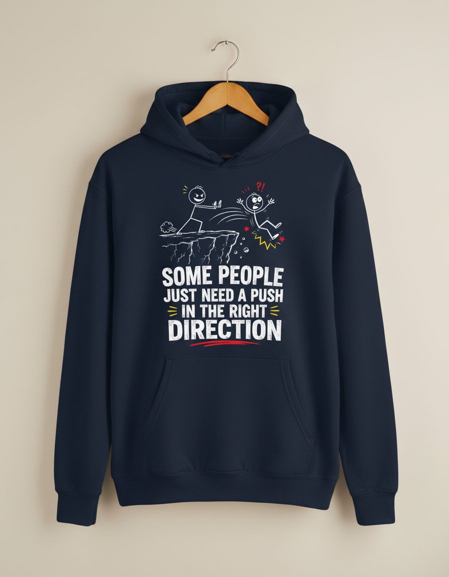 Some People Just Need a Push in the Right Direction Funny Sarcastic Humor Hoodie - product mockup - Navy