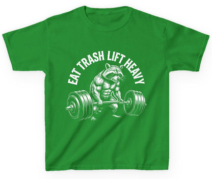 Eat Trash Lift Heavy raccoon Youth T-Shirt Irish Green product mockup