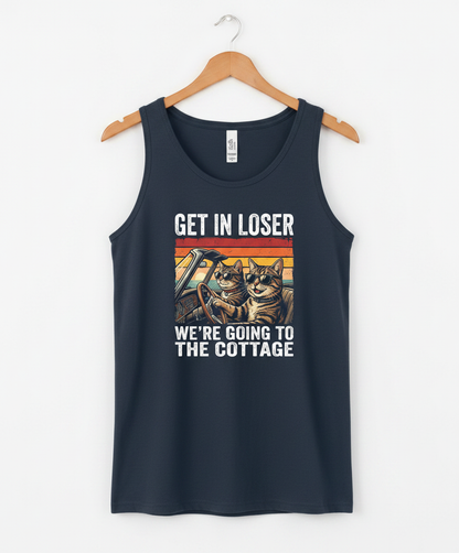 Get In Loser We're Going To The Cottage Funny Cat Meme Tank Top - Navy