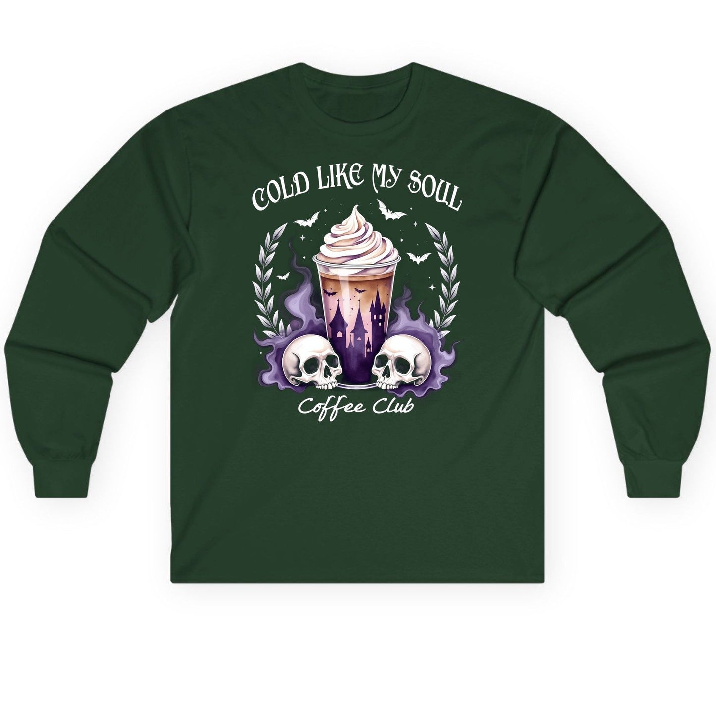 Cold Like My Soul Coffee Club gothic iced coffee Long Sleeve Tee Forest Green product mockup