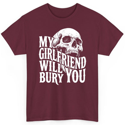 My Girlfriend Will Bury You skull T-Shirt Maroon product mockup