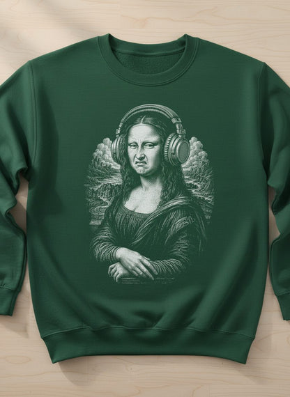 Disgusted Mona Lisa Headphones Funny Art Parody Sweatshirt - product mockup - Forest Green