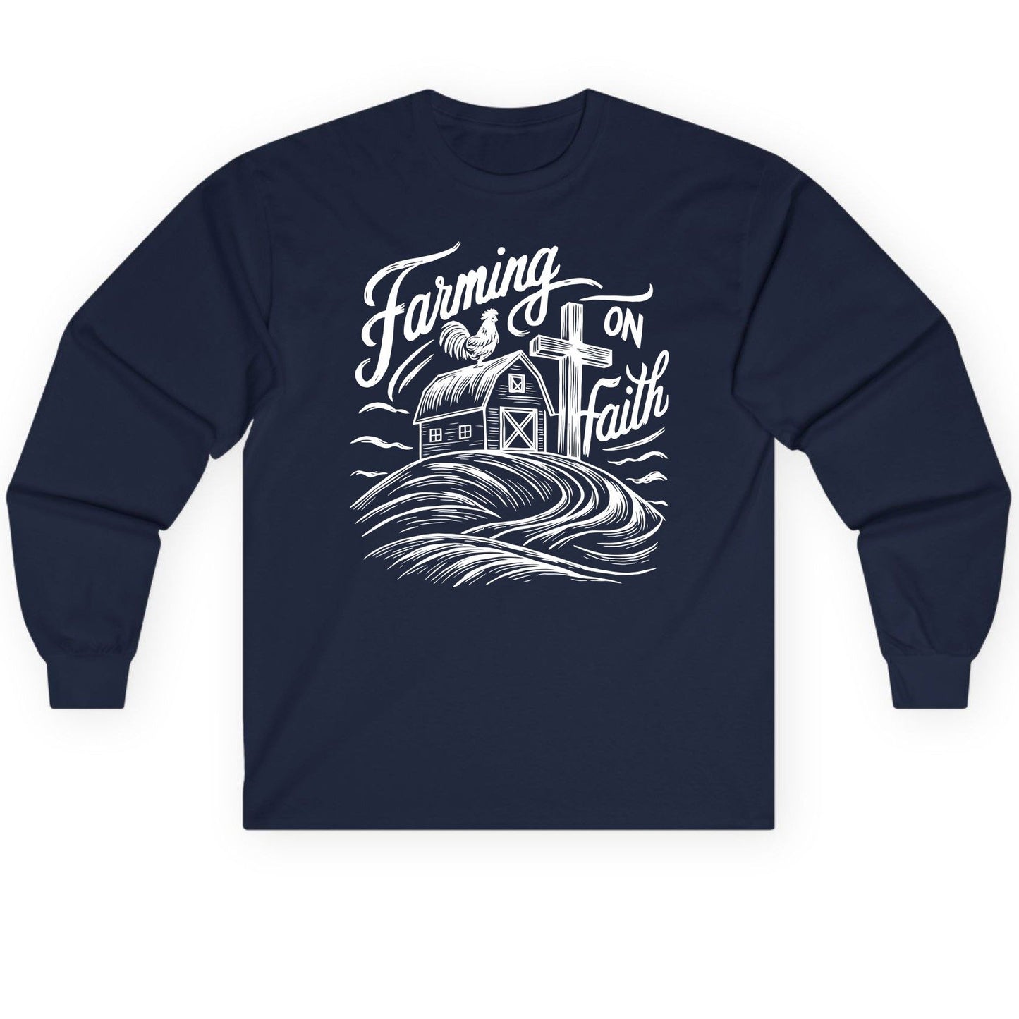 Farming on Faith christian farming Long Sleeve Tee Navy product mockup