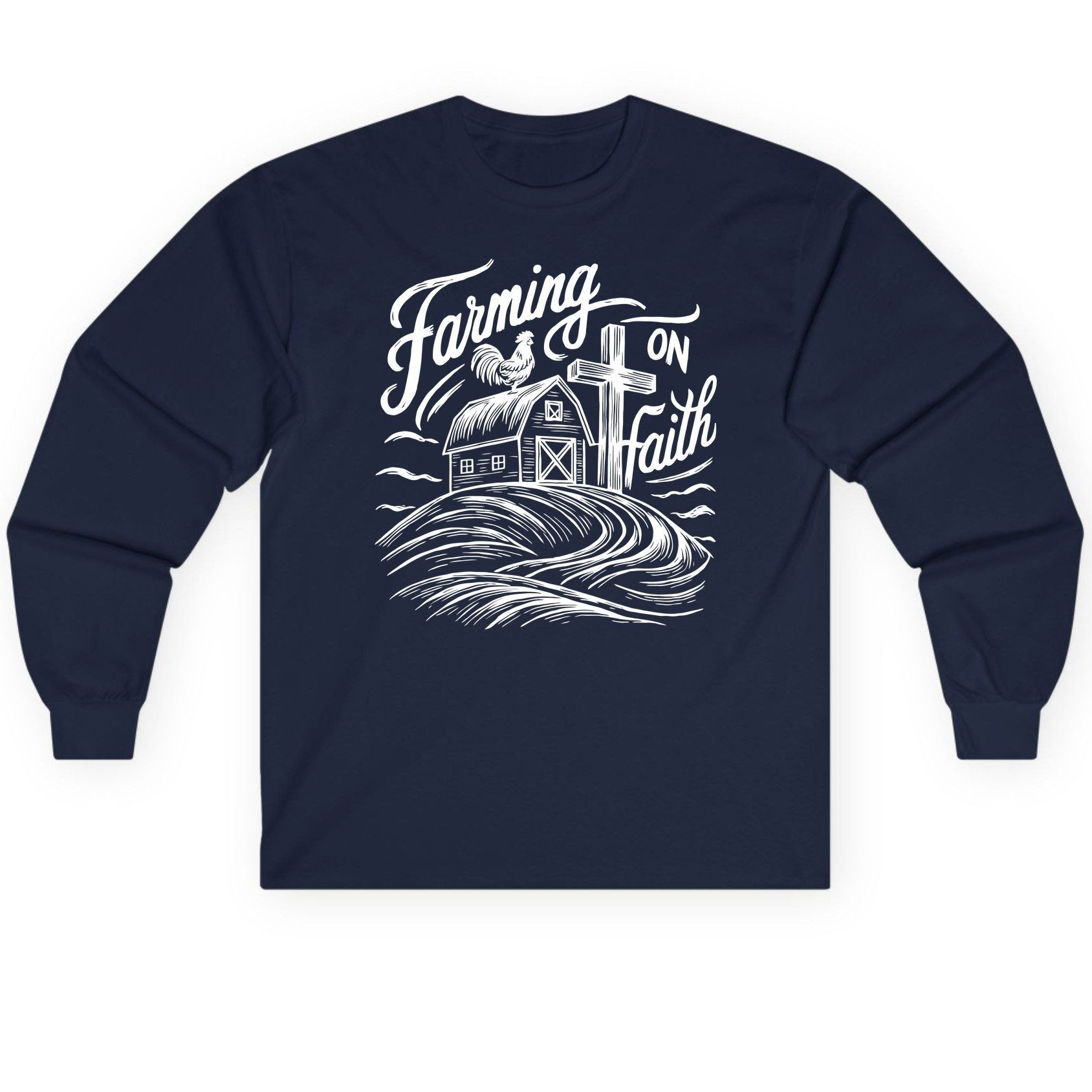 Farming on Faith christian farming Long Sleeve Tee Navy product mockup