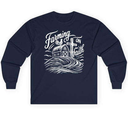 Farming on Faith christian farming Long Sleeve Tee Navy product mockup