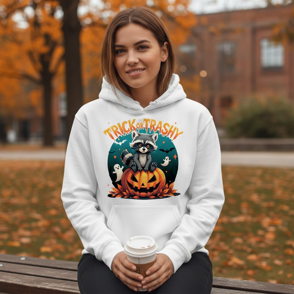 Trick or Trashy Halloween raccoon Hoodie White lifestyle mockup