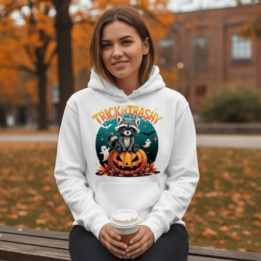 Trick or Trashy Halloween raccoon Hoodie White lifestyle mockup