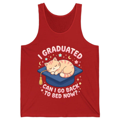 I Graduated CAN I GO BACK TO BED NOW Funny Graduation Cat Tank Top - product mockup - Red