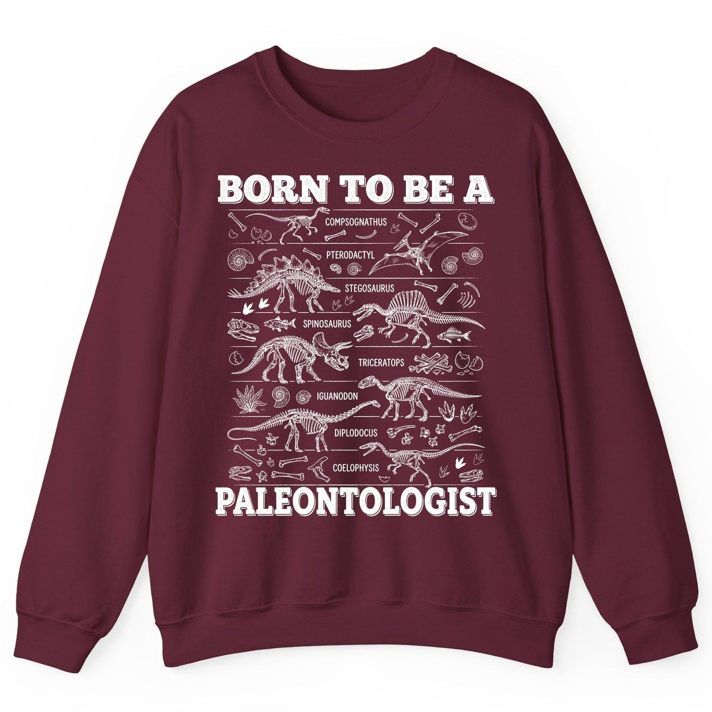 Born to Be a Paleontologist dinosaur skeletons Sweatshirt Maroon product mockup