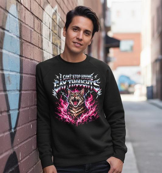 I Can't Stop Having Gay Thoughts cat Sweatshirt Black lifestyle mockup