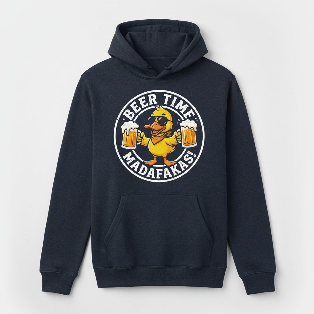 BEER TIME MADAFFAKAS! Funny Duck drinking beer Beer Time Madafakas Duck Hoodie - product mockup - Navy