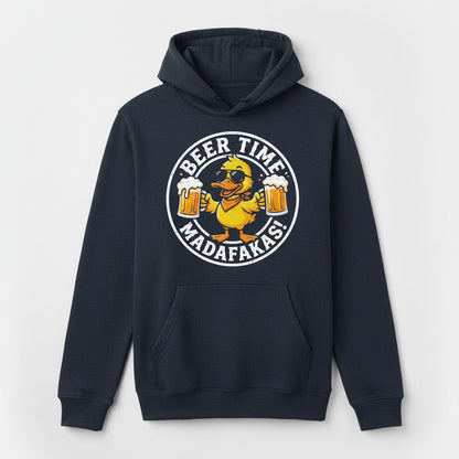 BEER TIME MADAFFAKAS! Funny Duck drinking beer Beer Time Madafakas Duck Hoodie - product mockup - Navy