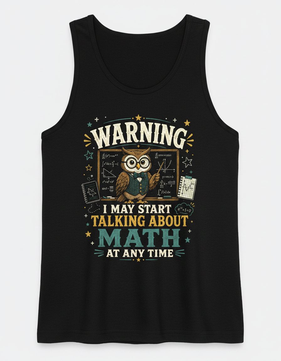 Warning I May Start Talking About Math at Any Time Funny Teachers Tank Top - product mockup - Black