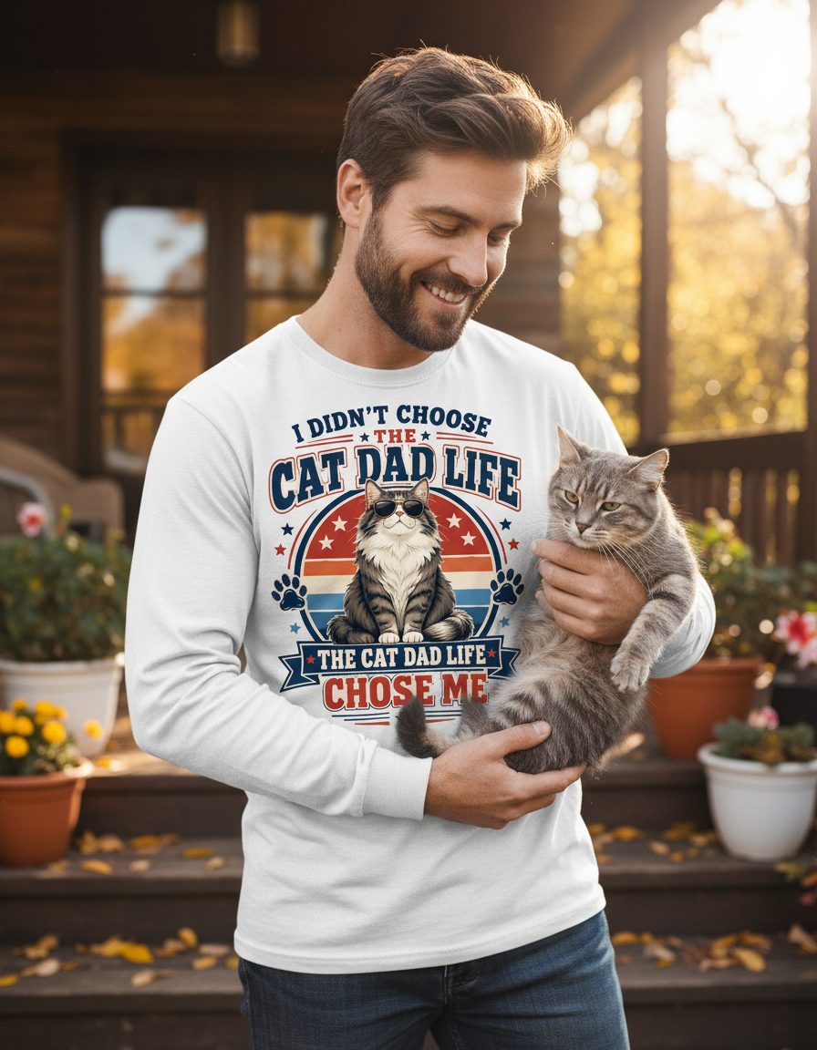 I Didn't Choose the Cat Dad Life the Cat Dad Life Chose Me cat dad Long Sleeve Tee White lifestyle mockup