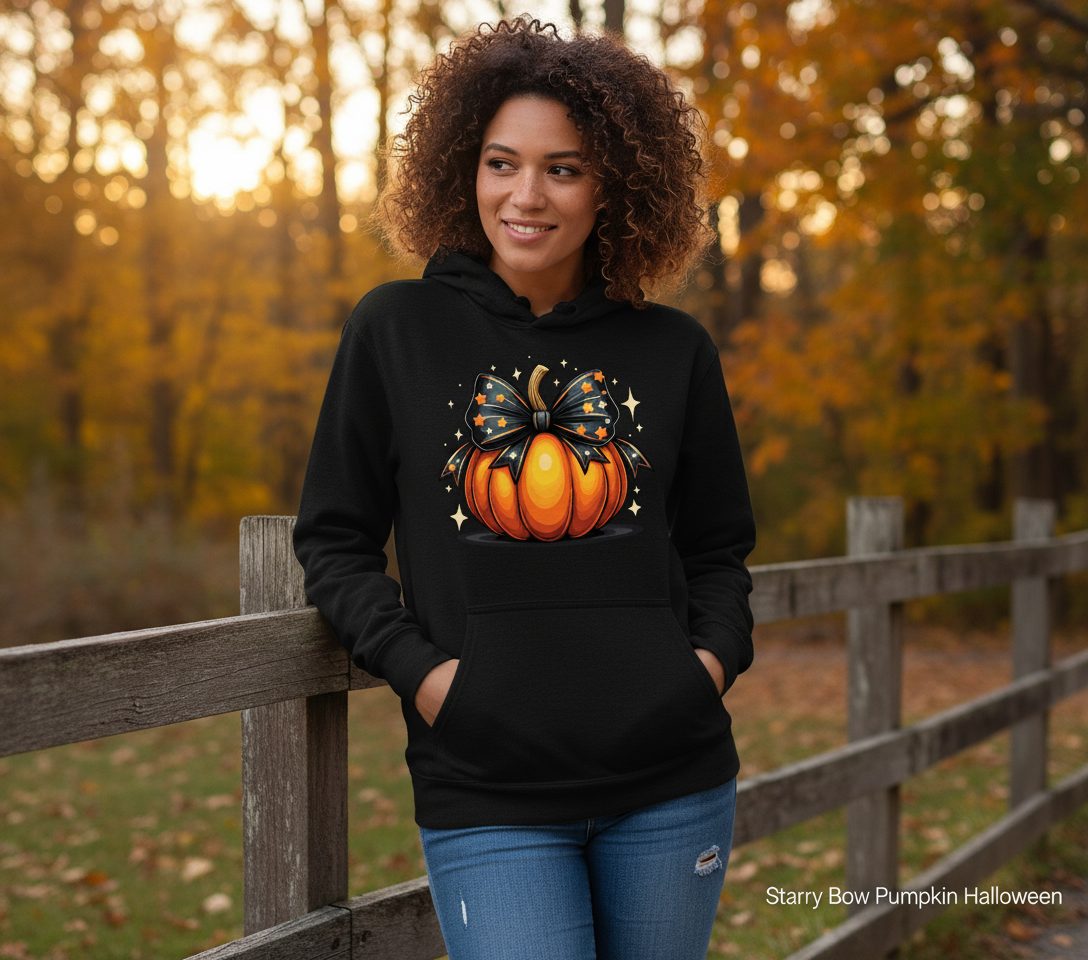 Starry Bow Pumpkin Halloween pumpkin Hoodie Black lifestyle mockup