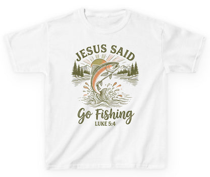 JESUS SAID Go Fishing LUKE 5 4 Vintage Christian Youth T-Shirt - product mockup - White