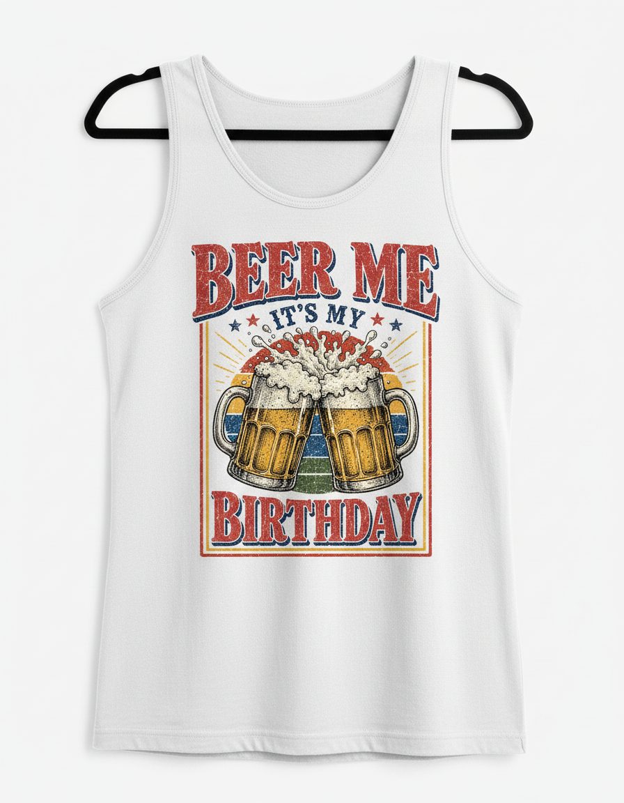 Beer Me It's My Birthday Funny Celebrants Tank Top - product mockup - White
