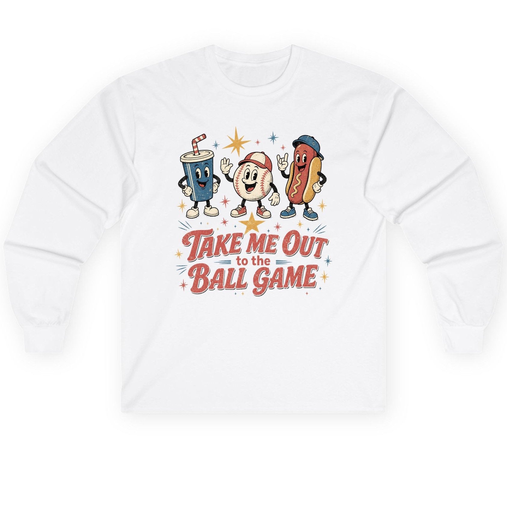 Take Me Out to the Ball Game Retro Baseball Long Sleeve Tee - product mockup - White