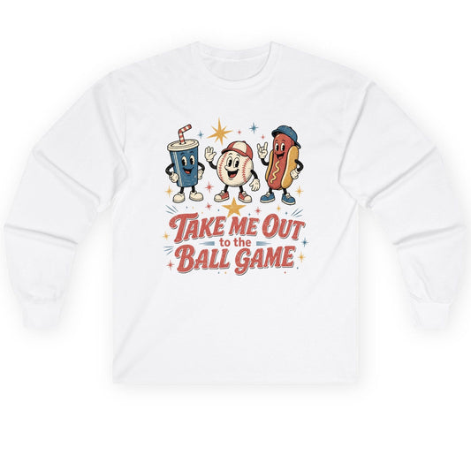 Take Me Out to the Ball Game Retro Baseball Long Sleeve Tee - product mockup - White