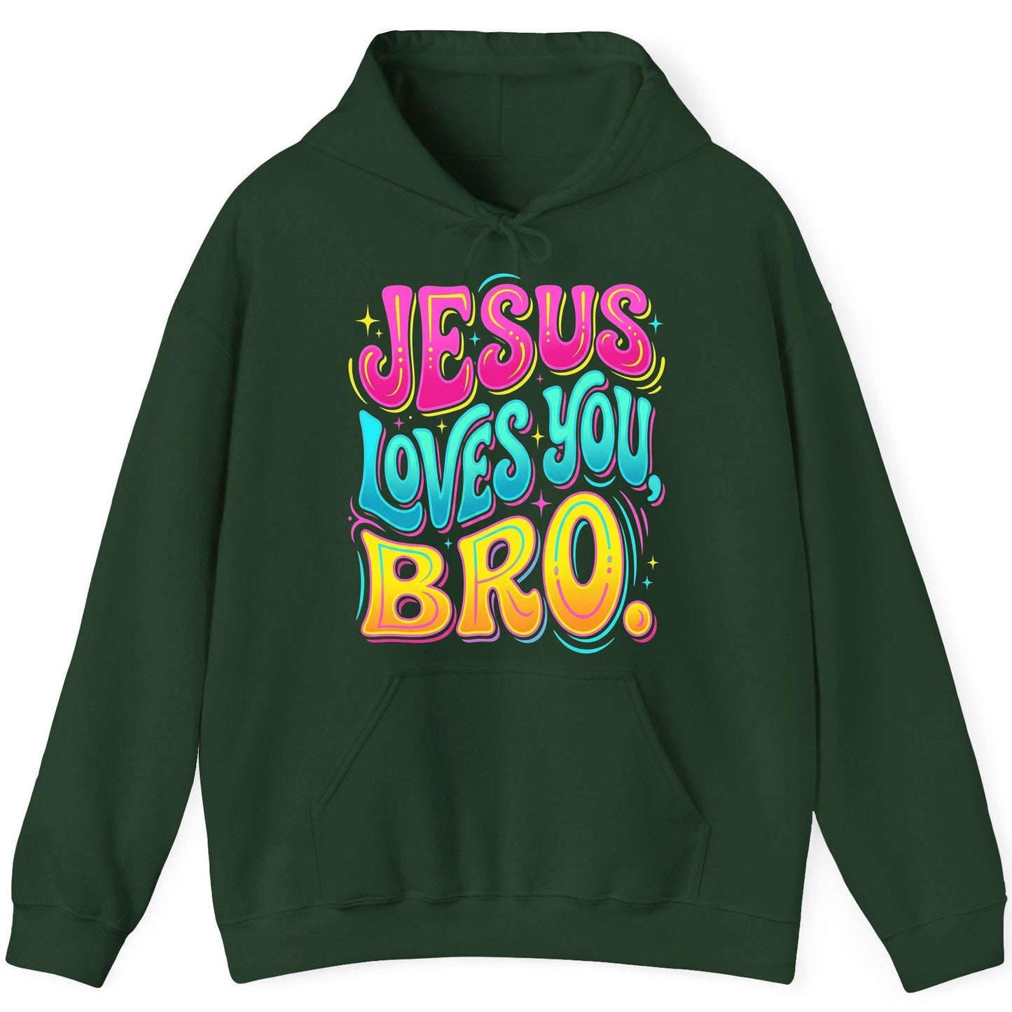 JESUS LOVES YOU BRO Retro Christian Hoodie - product mockup - Forest Green
