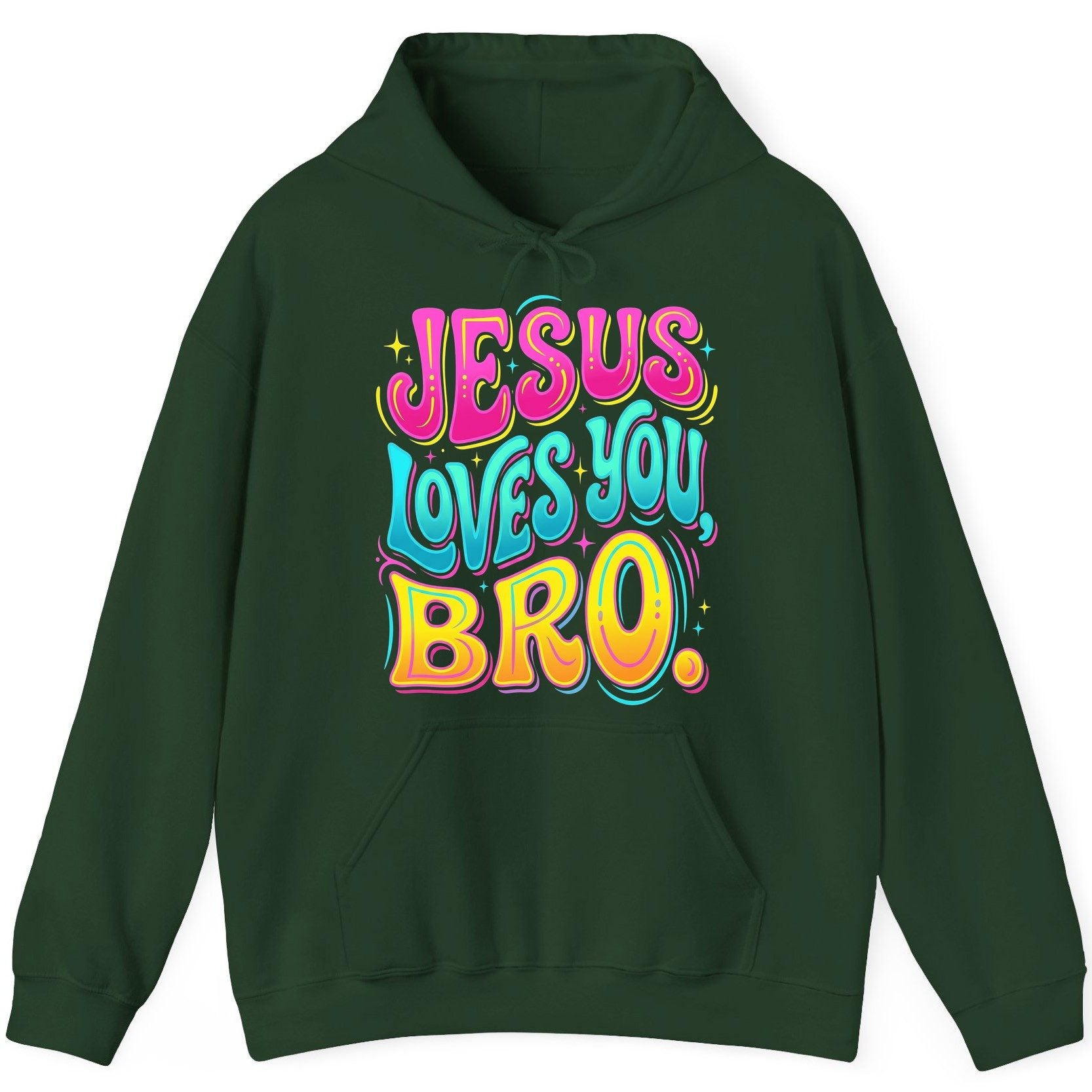 JESUS LOVES YOU BRO Retro Christian Hoodie - product mockup - Forest Green