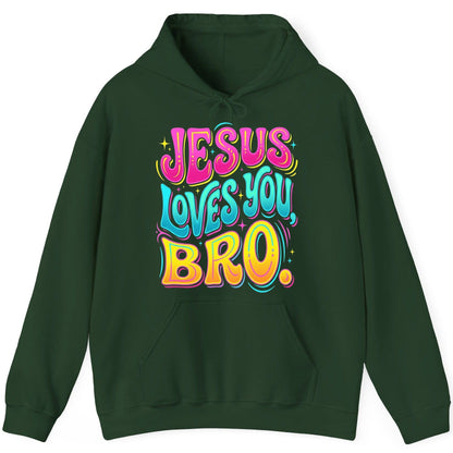 JESUS LOVES YOU BRO Retro Christian Hoodie - product mockup - Forest Green