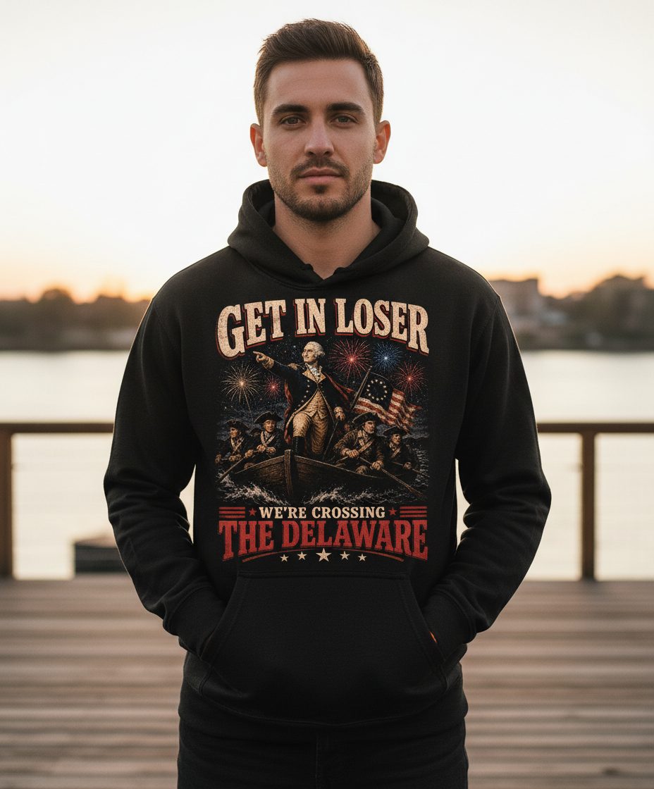 GET IN LOSER WE'RE Crossing THE Delaware Hoodie - lifestyle model mockup - Black