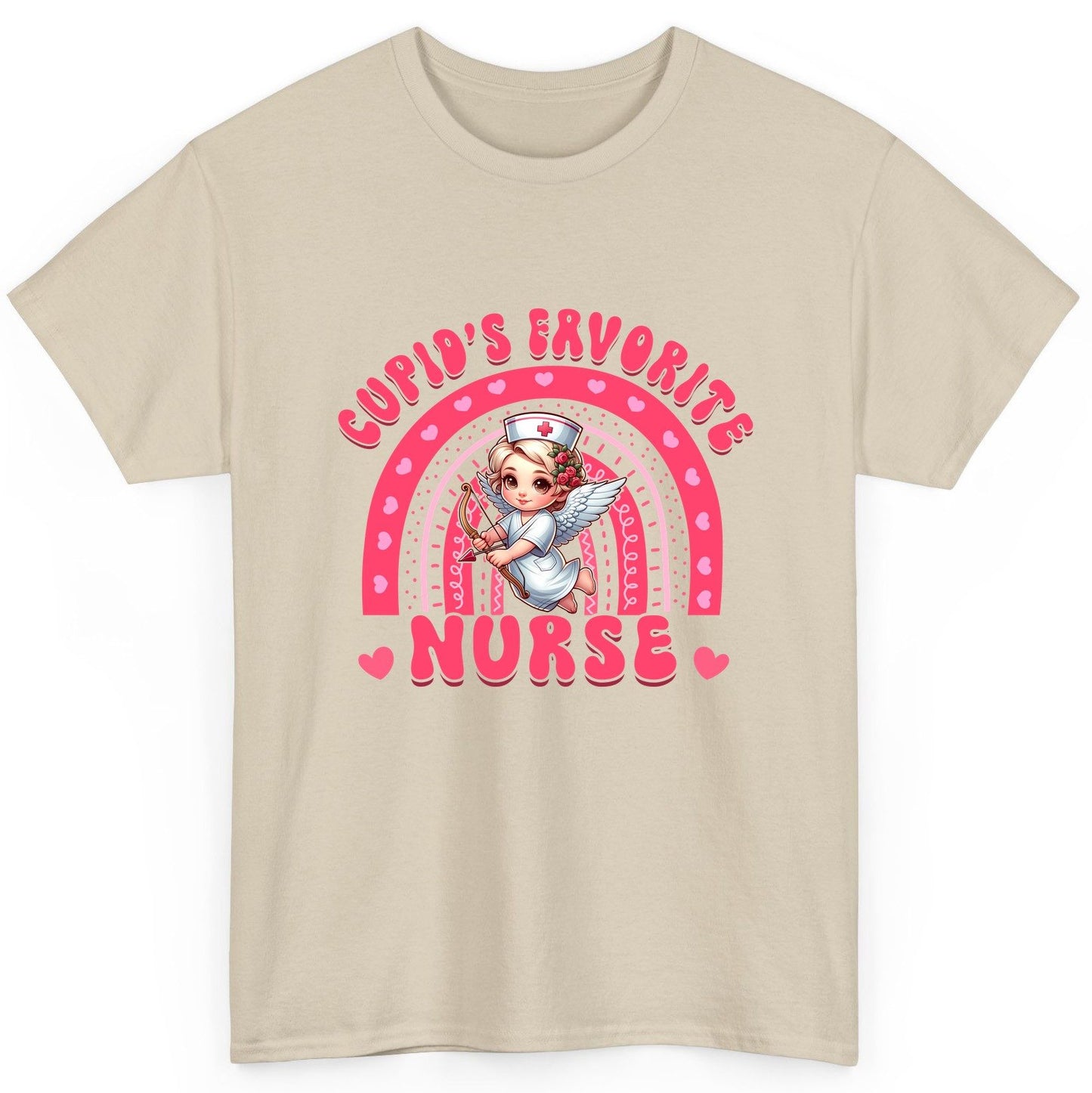 Cupid's Favorite Nurse nurse T-Shirt Sand product mockup