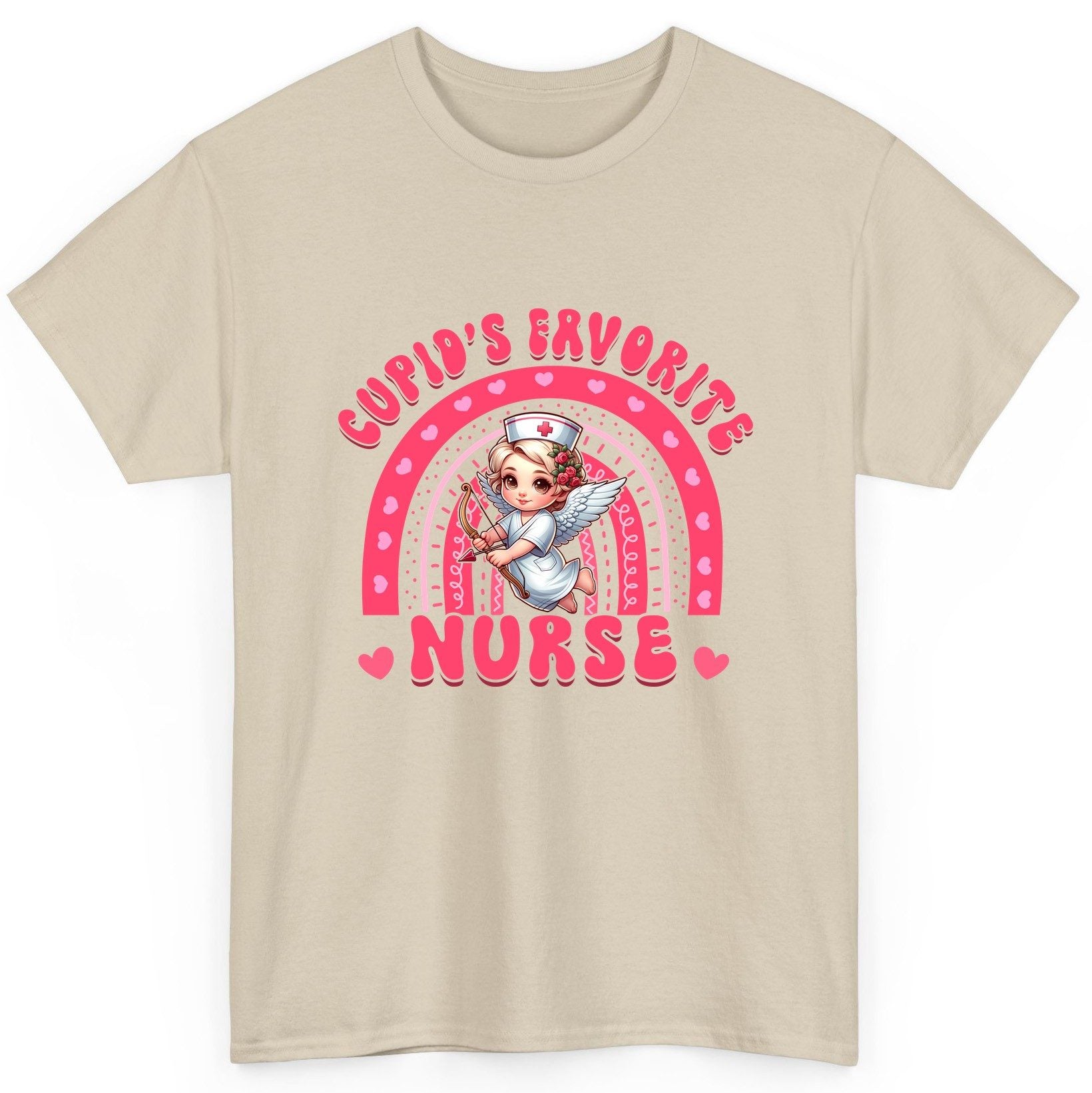 Cupid's Favorite Nurse nurse T-Shirt Sand product mockup