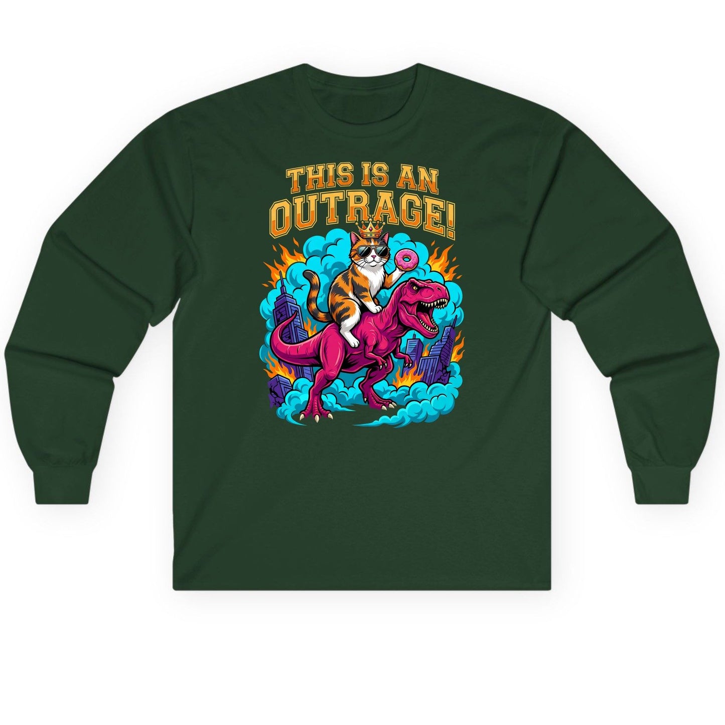THIS IS AN OUTRAGE! Cat riding a T-Rex Long Sleeve Tee Forest Green product mockup
