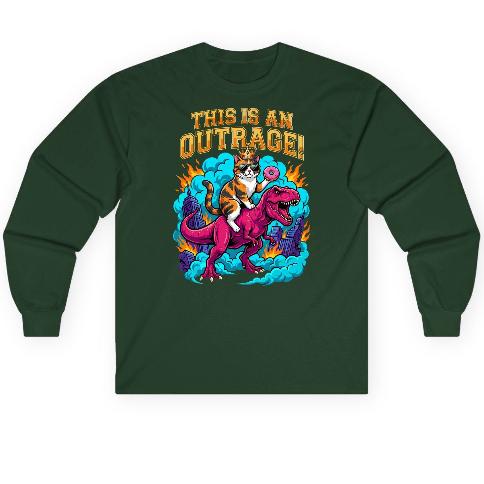 THIS IS AN OUTRAGE! Cat riding a T-Rex Long Sleeve Tee Forest Green product mockup