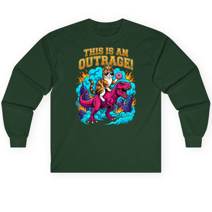 THIS IS AN OUTRAGE! Cat riding a T-Rex Long Sleeve Tee Forest Green product mockup