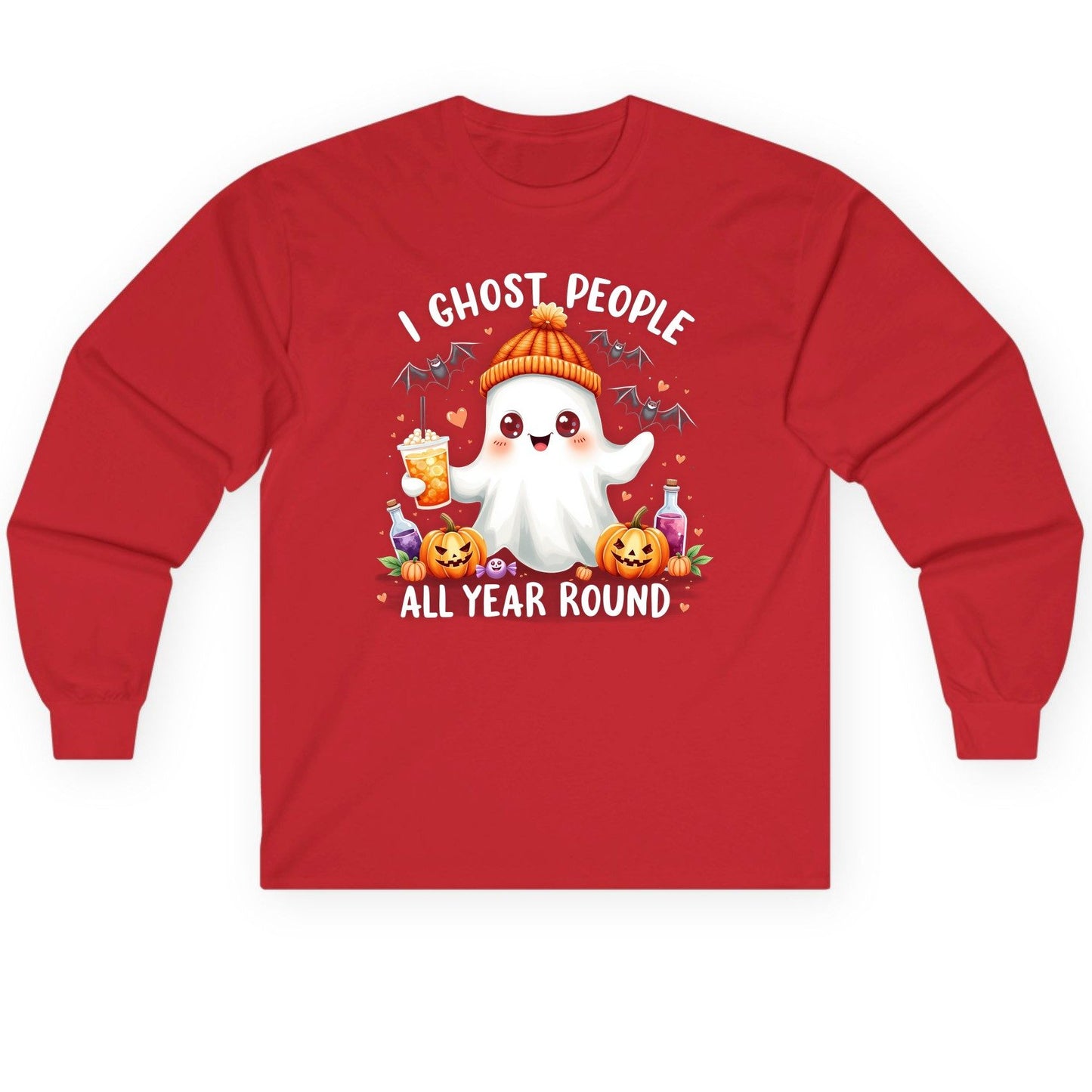 I Ghost People All Year Round cute ghost Long Sleeve Tee Red product mockup