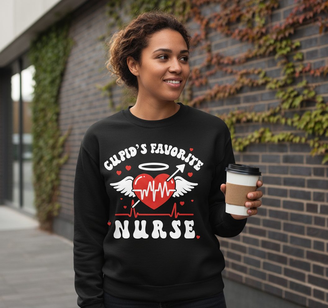 Cupid's Favorite Nurse nursing Sweatshirt Black lifestyle mockup